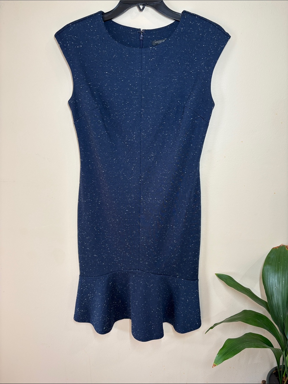 Ann Taylor Navy Speckled Cap-Sleeve Midi Dress